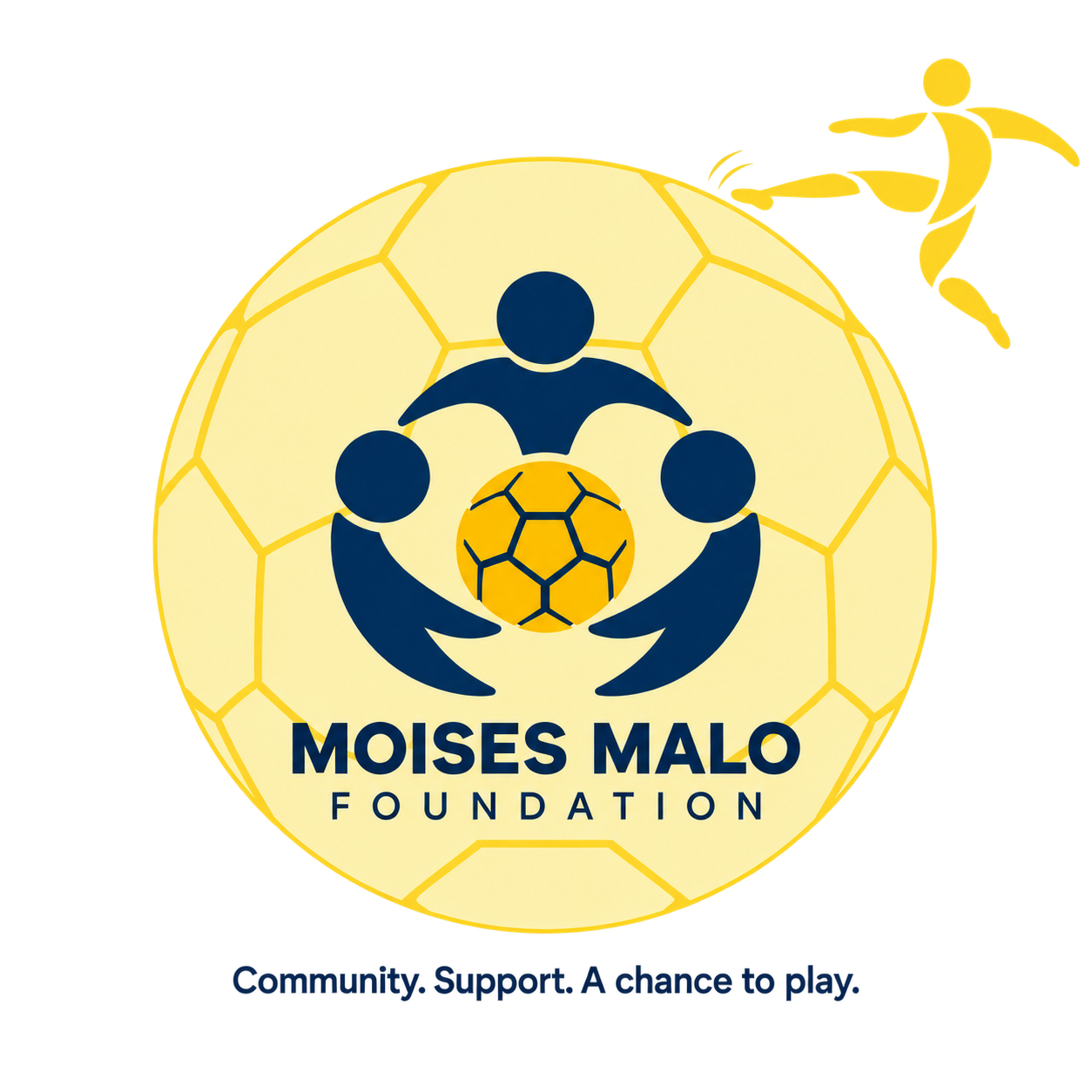 Moises Malo Foundation: three people around a soccer ball, with an abstract yellow player kicking at the upper right. Community. Support. A chance to play.